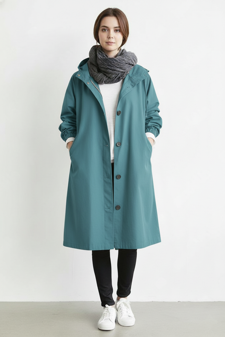 Women's Windproof and Waterproof Trench Coat with Hood for Autumn & Winter