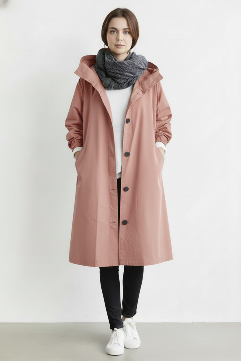 Women's Windproof and Waterproof Trench Coat with Hood for Autumn & Winter