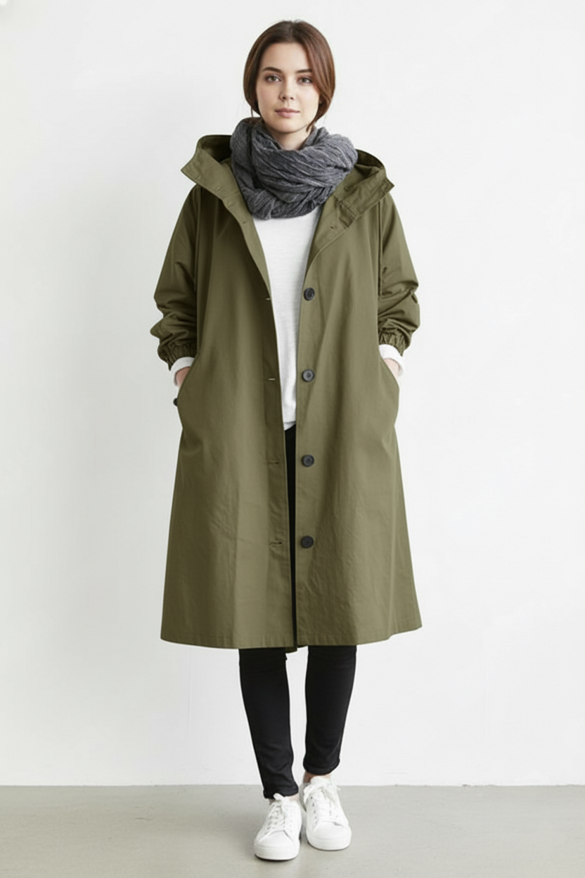 Women's Windproof and Waterproof Trench Coat with Hood for Autumn & Winter