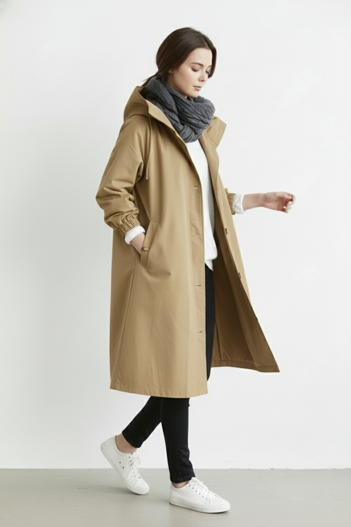 Women's Windproof and Waterproof Trench Coat with Hood for Autumn & Winter