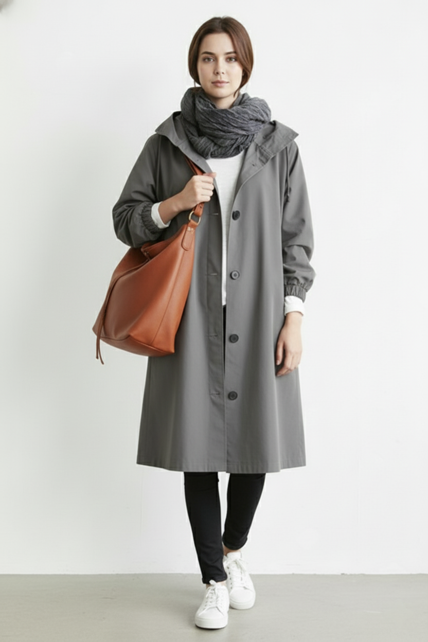 Women's Windproof and Waterproof Trench Coat with Hood for Autumn & Winter