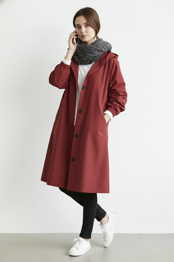 Women's Windproof and Waterproof Trench Coat with Hood for Autumn & Winter