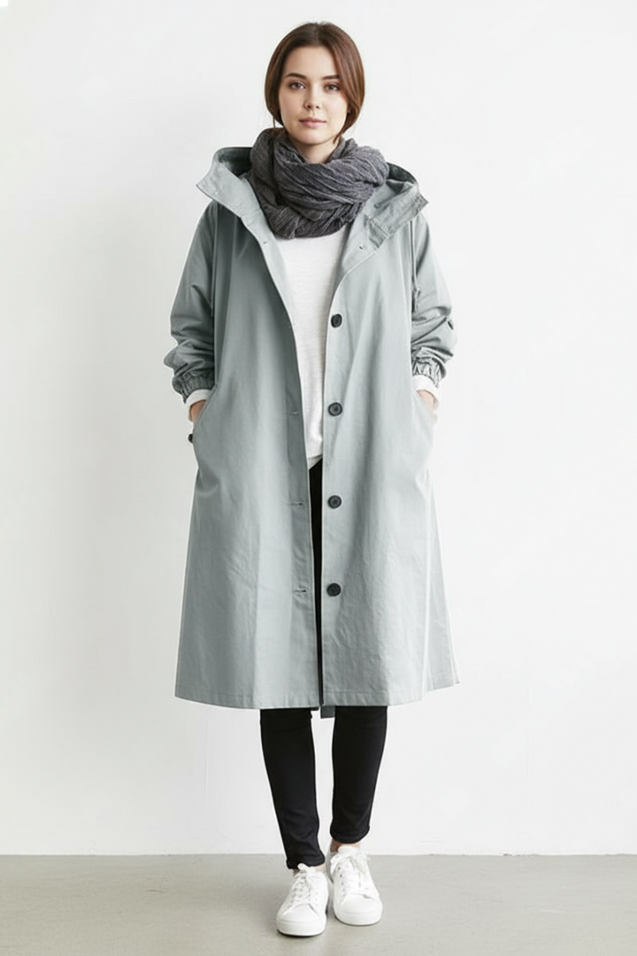 Women's Windproof and Waterproof Trench Coat with Hood for Autumn & Winter