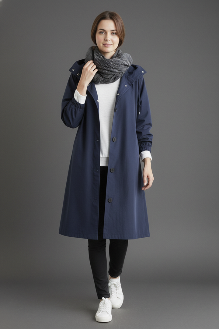 Women's Windproof and Waterproof Trench Coat with Hood for Autumn & Winter