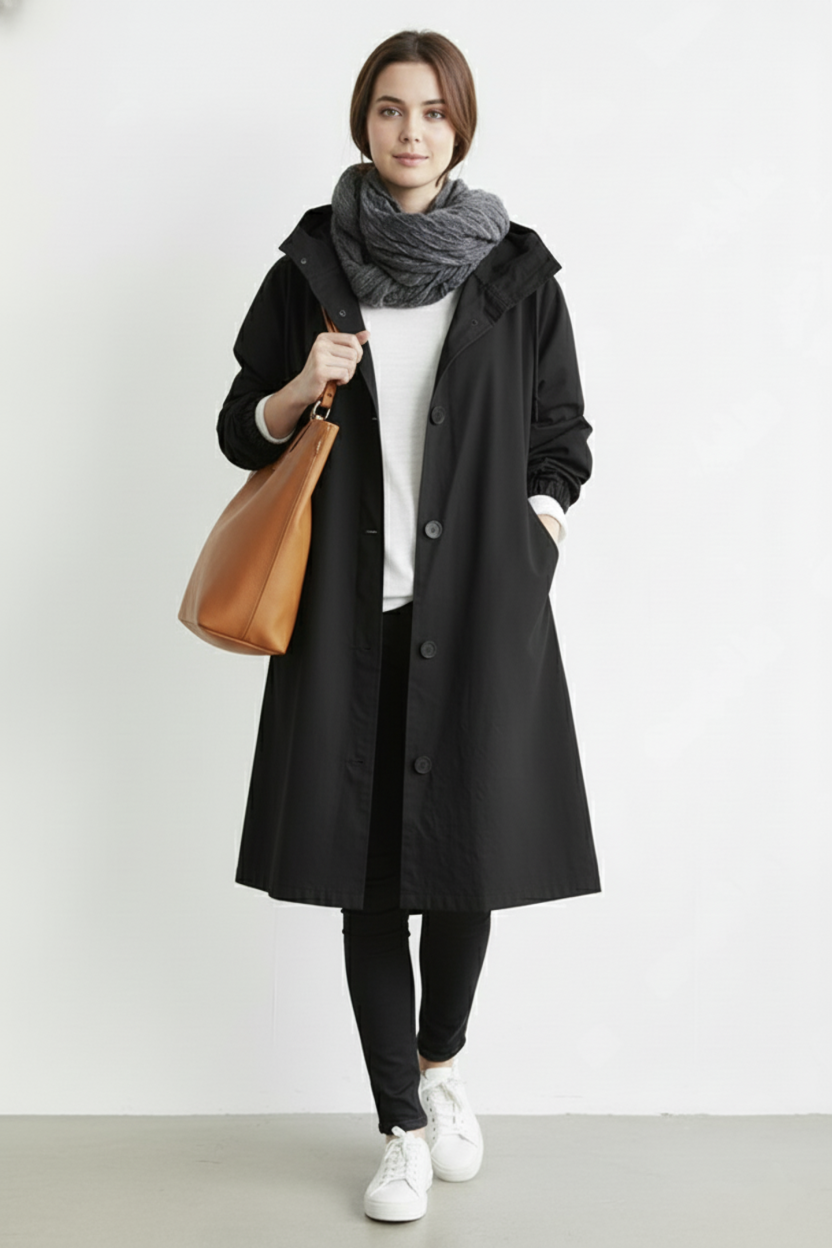 Women's Windproof and Waterproof Trench Coat with Hood for Autumn & Winter