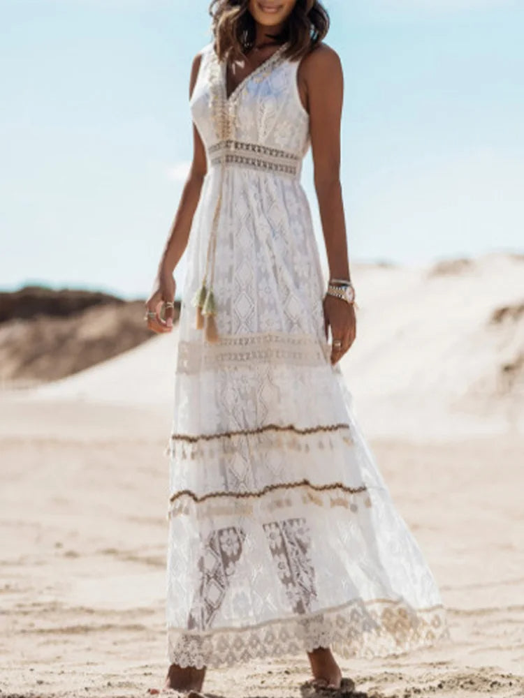 Women's Lace Maxi Dress with Flair Sleeves