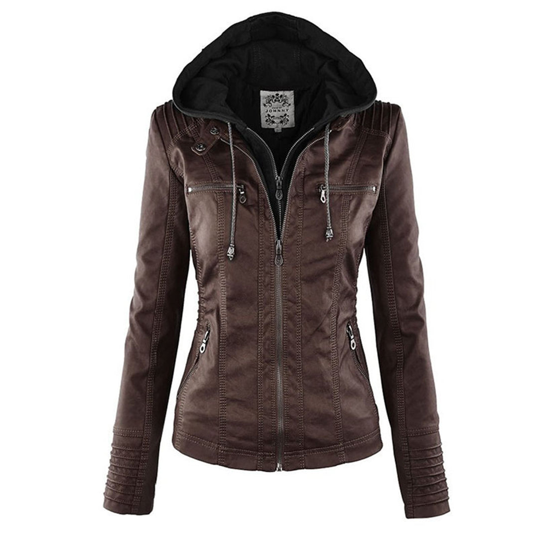 Women's Hooded Faux Leather Motorcycle Jacket