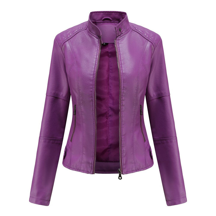 Women's Faux Leather Jacket with Mandarin Collar