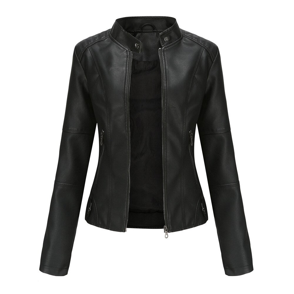 Women's Faux Leather Jacket with Mandarin Collar
