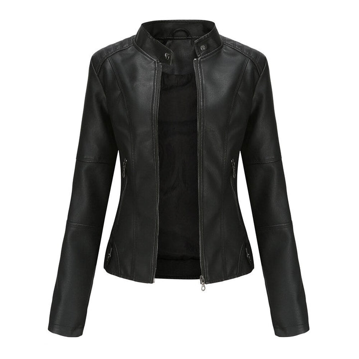 Women's Faux Leather Jacket with Mandarin Collar
