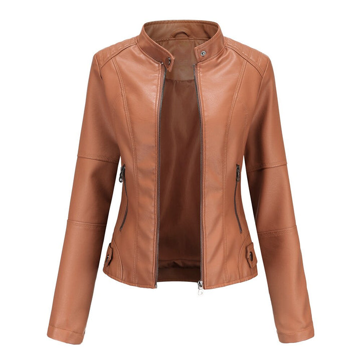 Women's Faux Leather Jacket with Mandarin Collar