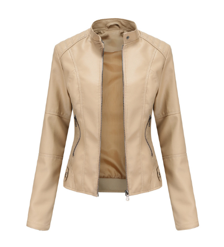 Women's Faux Leather Jacket with Mandarin Collar