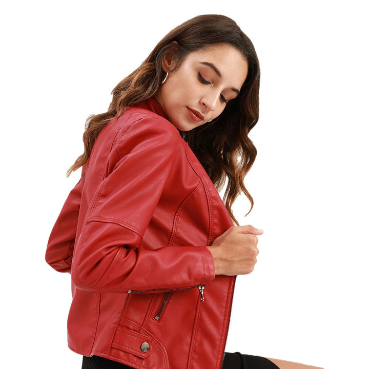 Women's Faux Leather Jacket with Mandarin Collar