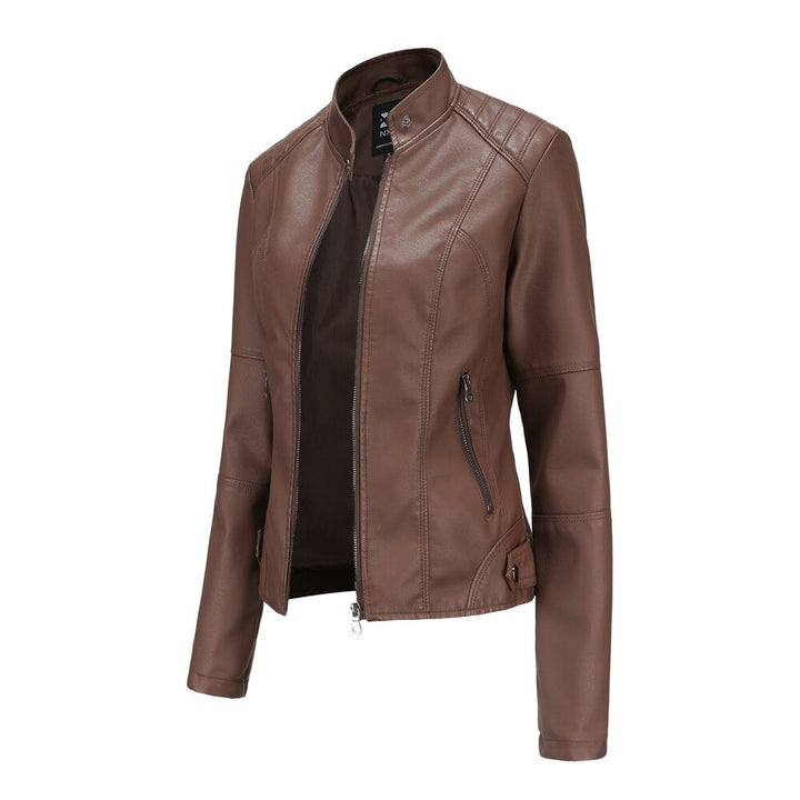 Women's Faux Leather Jacket with Mandarin Collar