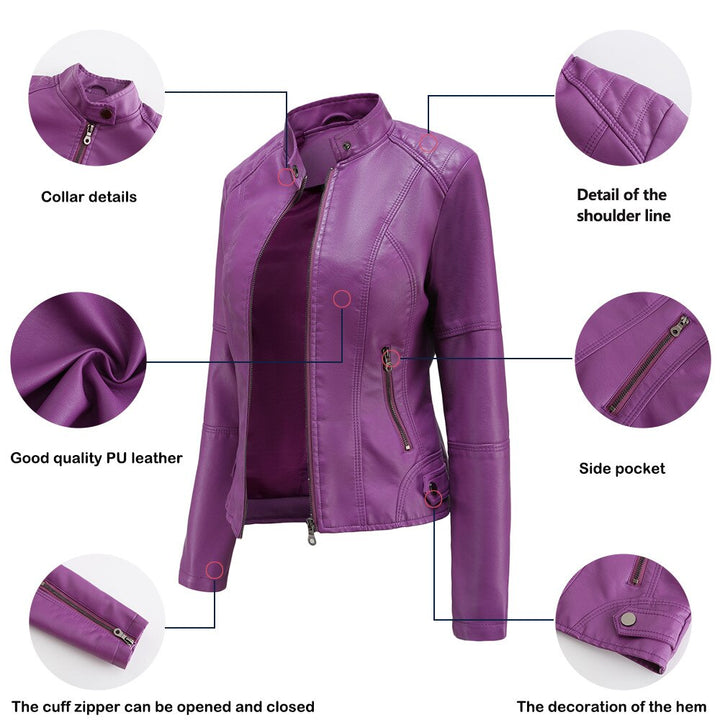 Women's Faux Leather Jacket with Mandarin Collar