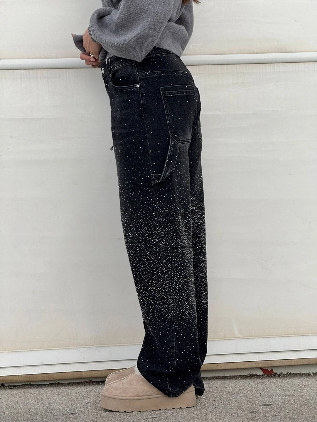 Women's Sparkling Rhinestone Wide Leg Jeans