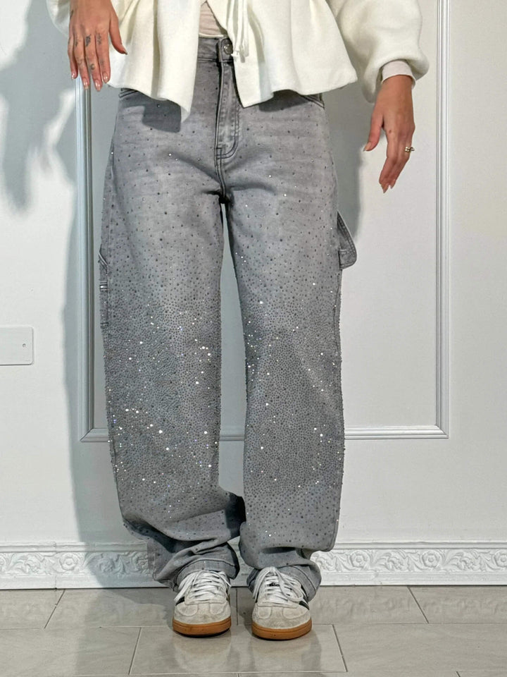 Women's Sparkling Rhinestone Wide Leg Jeans