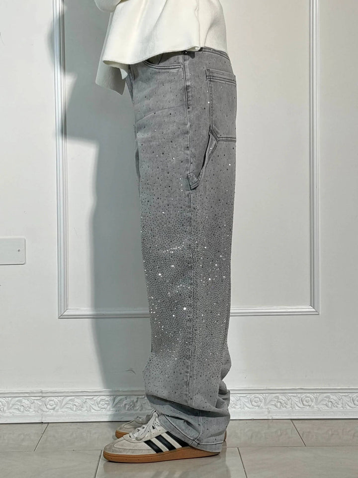 Women's Sparkling Rhinestone Wide Leg Jeans