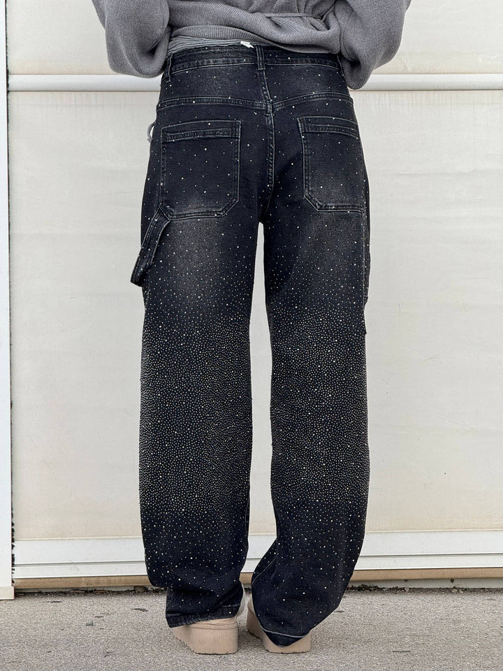 Women's Sparkling Rhinestone Wide Leg Jeans