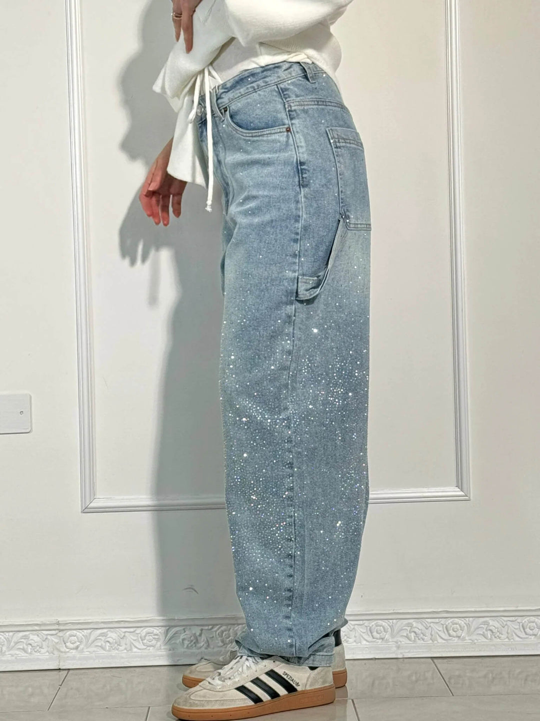 Women's Sparkling Rhinestone Wide Leg Jeans