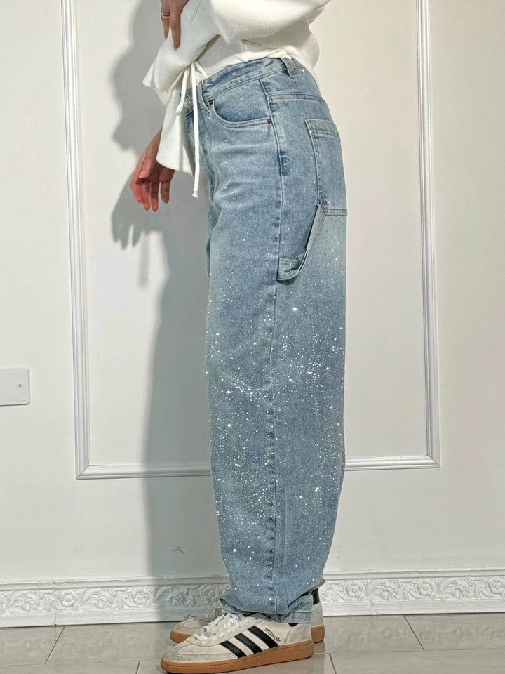 Women's Sparkling Rhinestone Wide Leg Jeans