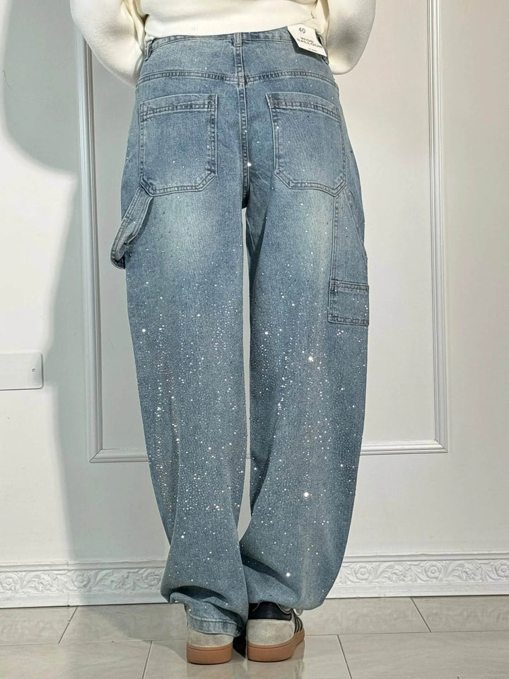 Women's Sparkling Rhinestone Wide Leg Jeans