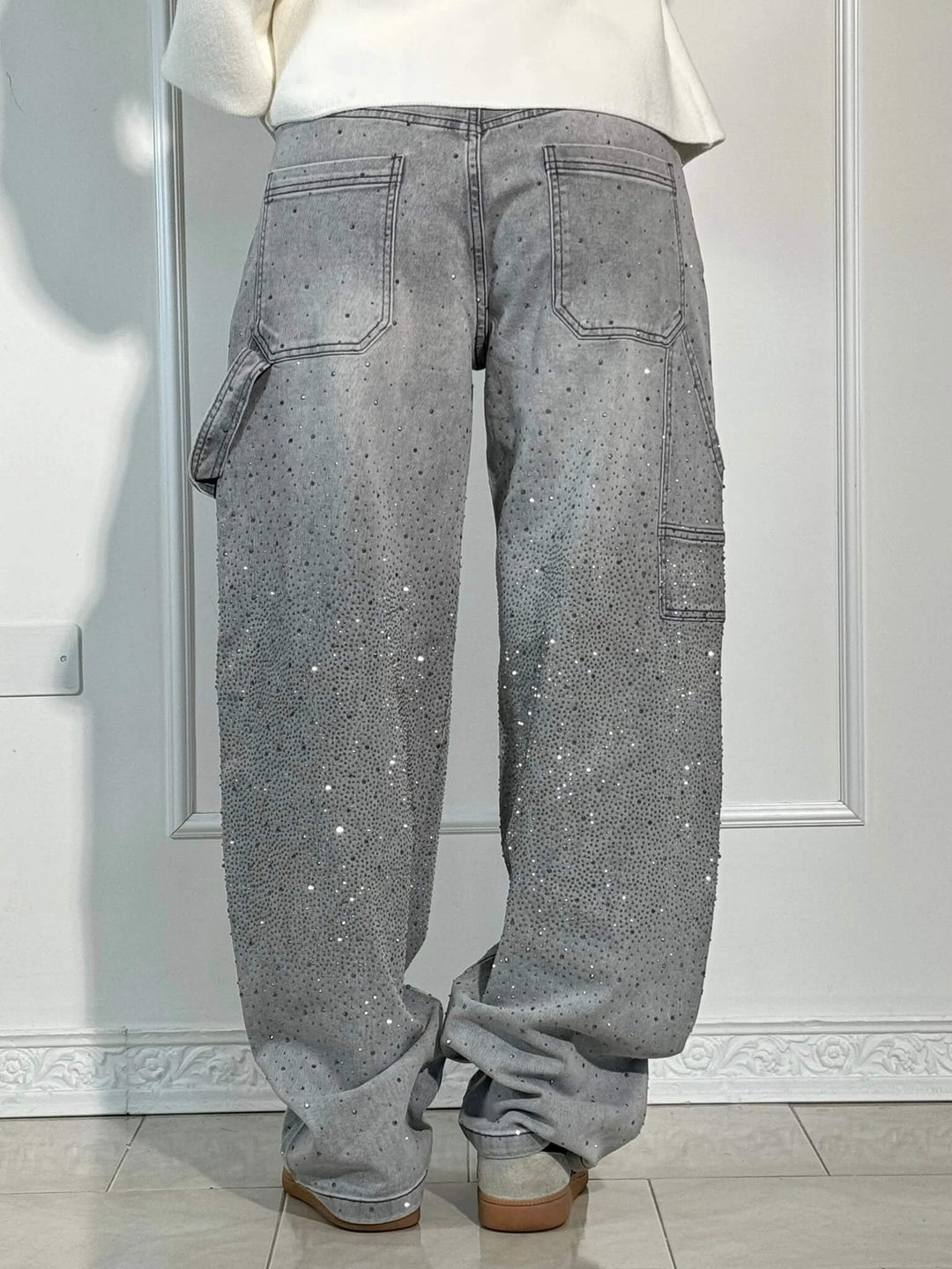 Women's Sparkling Rhinestone Wide Leg Jeans