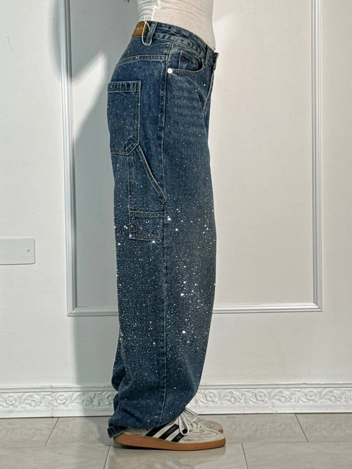 Women's Sparkling Rhinestone Wide Leg Jeans