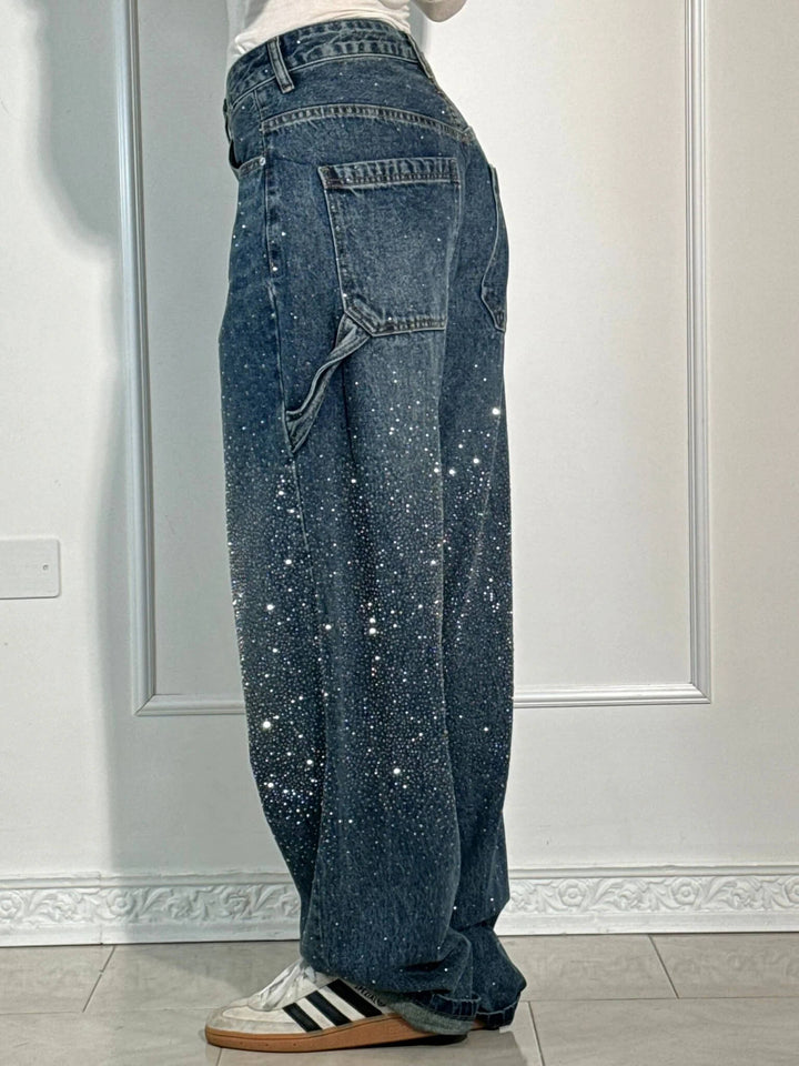 Women's Sparkling Rhinestone Wide Leg Jeans
