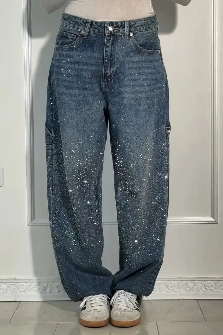 Women's Sparkling Rhinestone Wide Leg Jeans