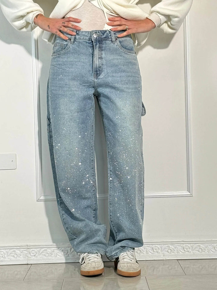 Women's Sparkling Rhinestone Wide Leg Jeans