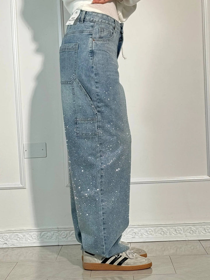 Women's Sparkling Rhinestone Wide Leg Jeans