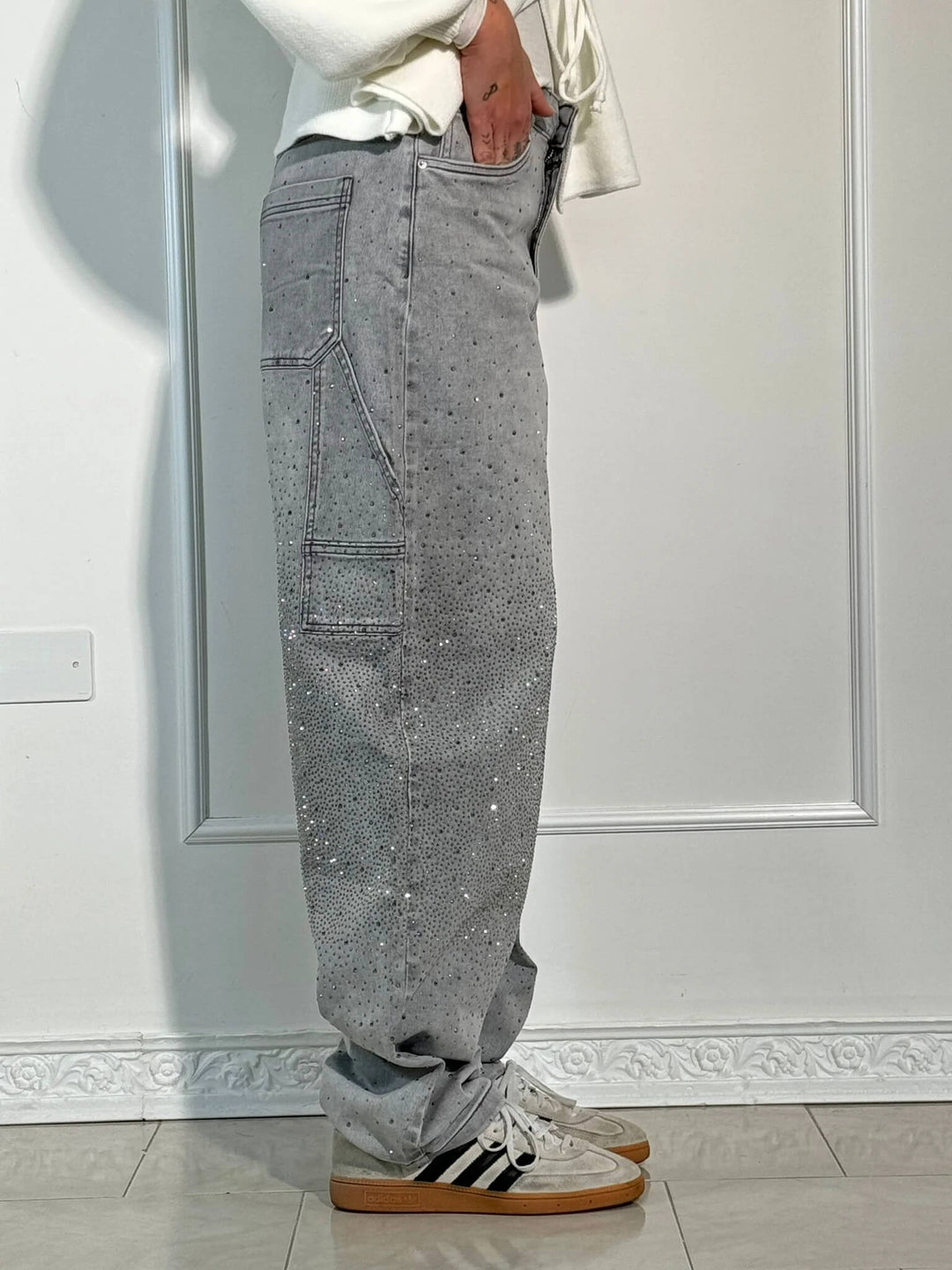 Women's Sparkling Rhinestone Wide Leg Jeans