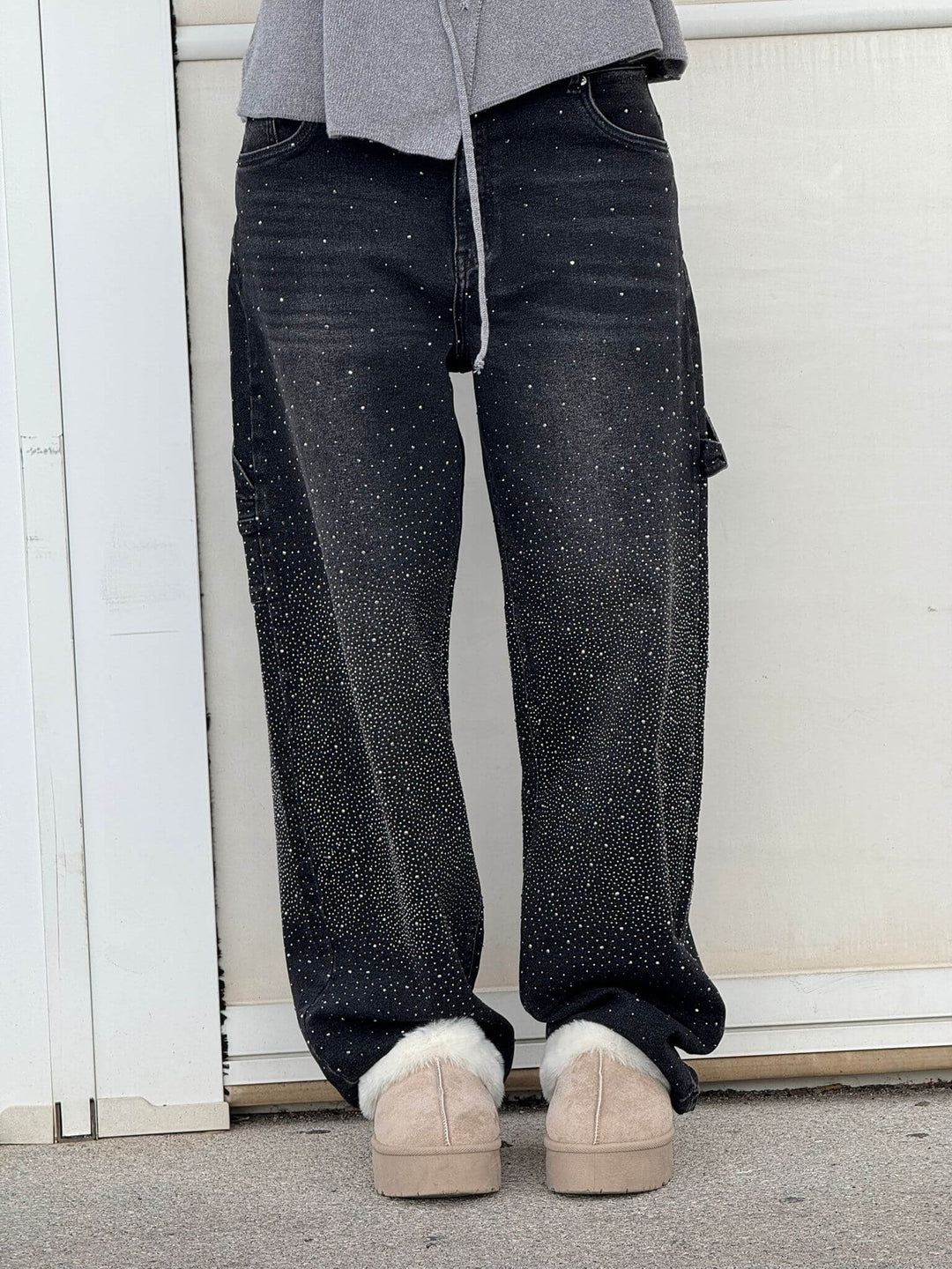 Women's Sparkling Rhinestone Wide Leg Jeans