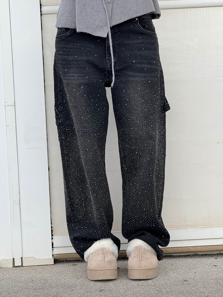 Women's Sparkling Rhinestone Wide Leg Jeans