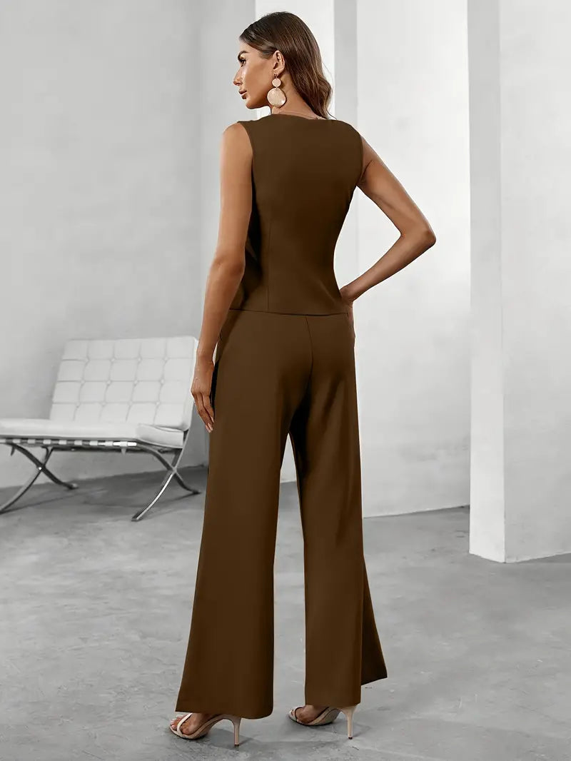 Women's Stylish Sleeveless Blazer and Wide Leg Pants Set