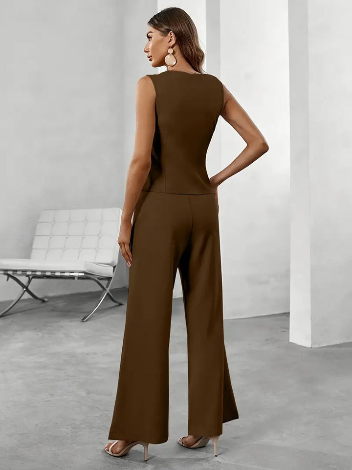 Women's Stylish Sleeveless Blazer and Wide Leg Pants Set