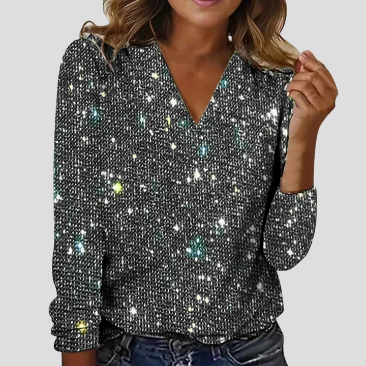 Women's Sequin V-Neck Top with Long Sleeves