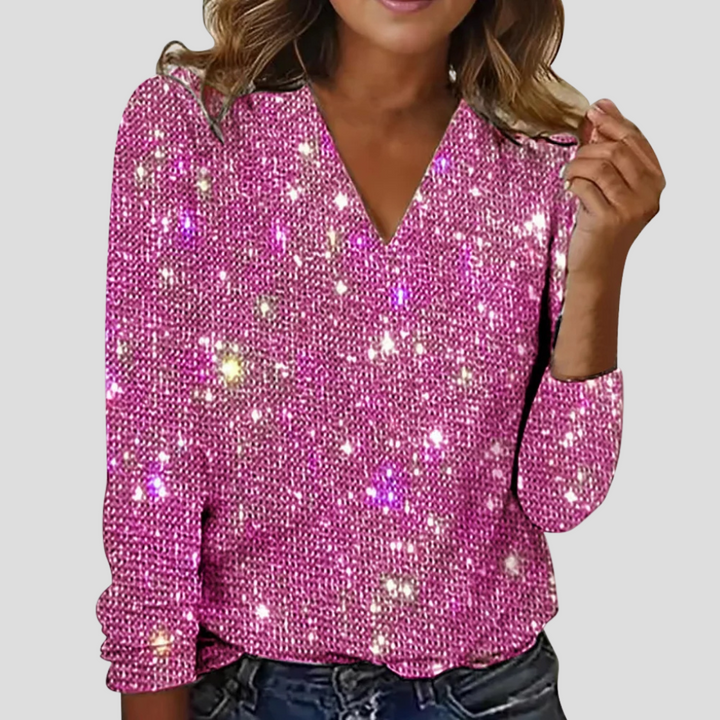 Women's Sequin V-Neck Top with Long Sleeves