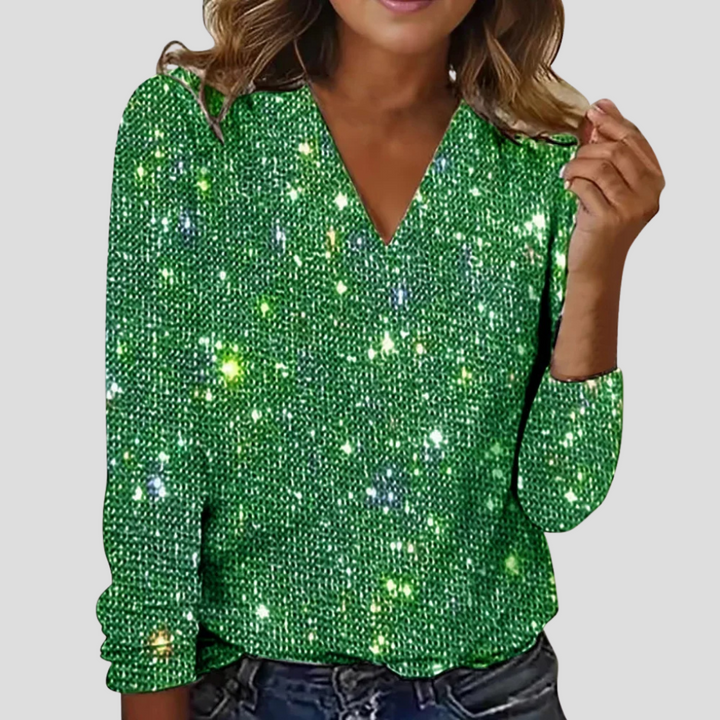 Women's Sequin V-Neck Top with Long Sleeves