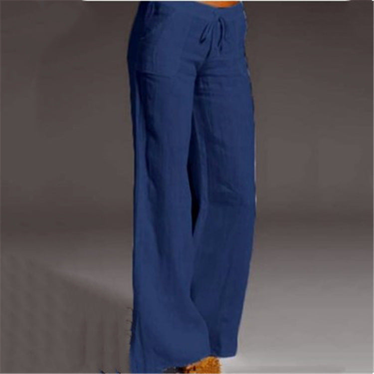 Women's Lightweight Linen Drawstring Wide-Leg Trousers