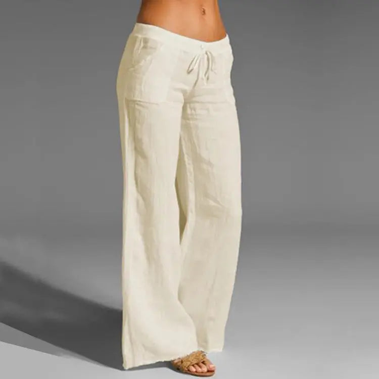 Women's Lightweight Linen Drawstring Wide-Leg Trousers