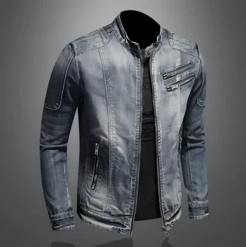 Men's Biker Stand Collar Denim Jacket