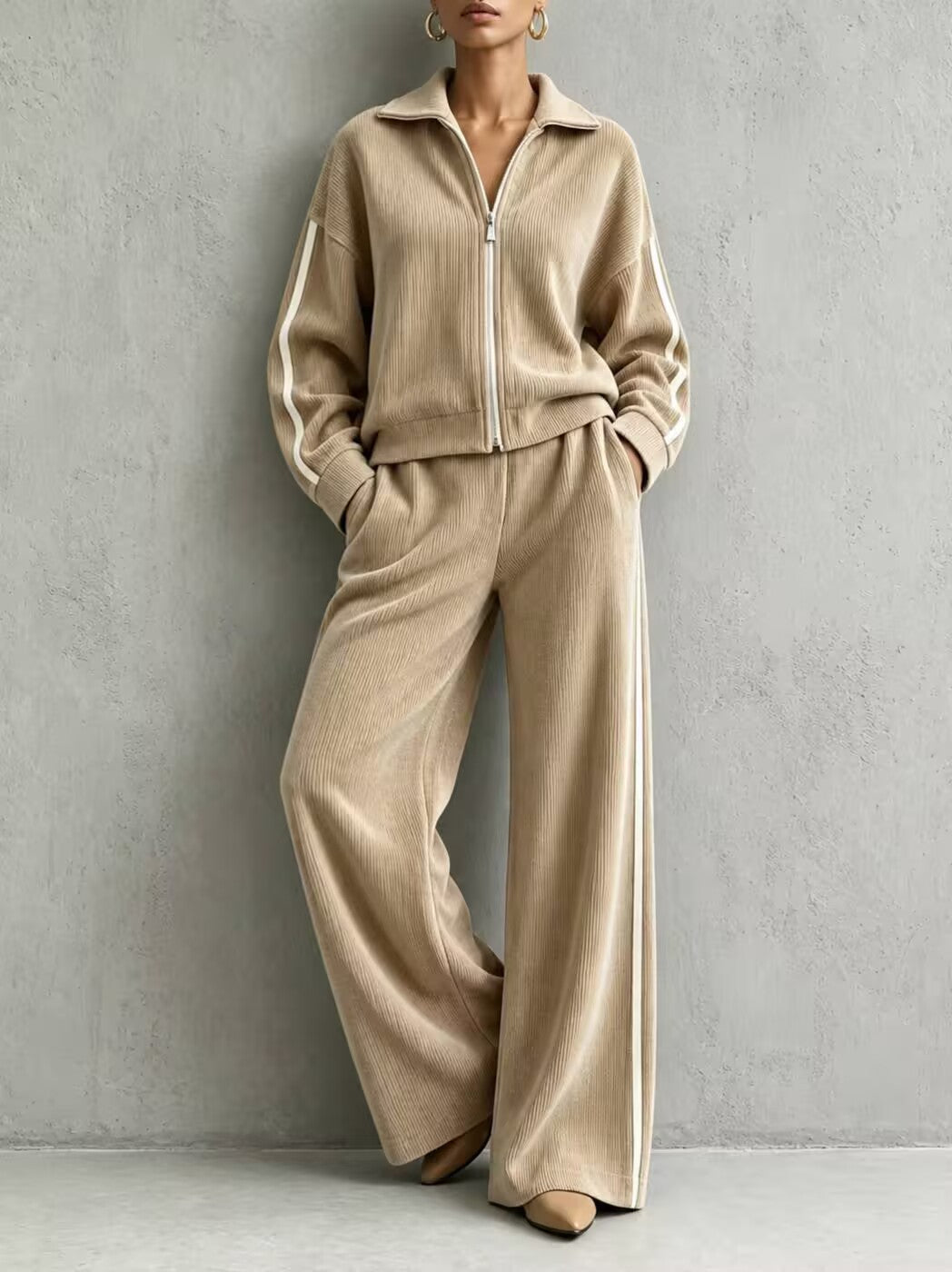 Women's Ribbed Track Jacket and Wide-Leg Pants Set