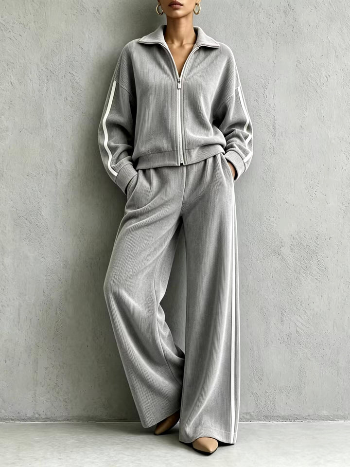 Women's Ribbed Track Jacket and Wide-Leg Pants Set