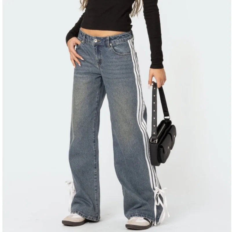 Mila | Women's Wide Jeans with Stripes and Laces