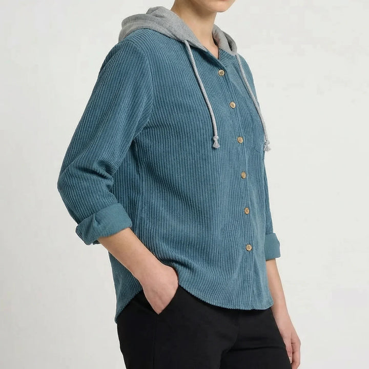 Women's Corduroy Long Sleeve Hoodie Button Front Shirt