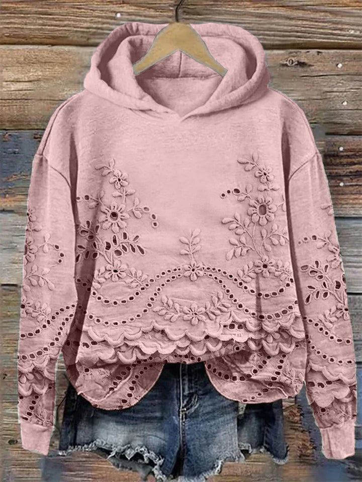 Women's Floral Eyelet Scalloped Hem Long Sleeve Hoodie
