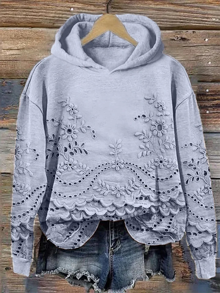 Women's Floral Eyelet Scalloped Hem Long Sleeve Hoodie