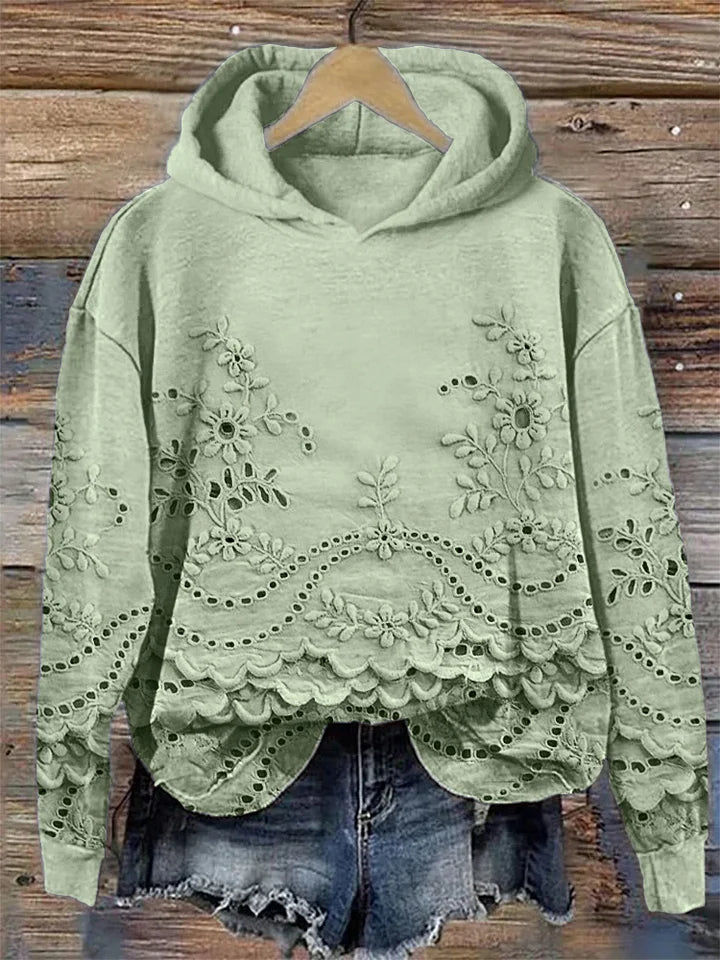 Women's Floral Eyelet Scalloped Hem Long Sleeve Hoodie